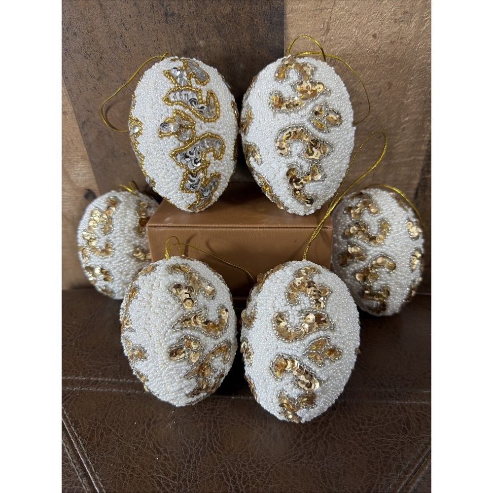 Vintage Pearl Beaded Easter Christmas Egg Ornaments White Gold Sequins Set of 6